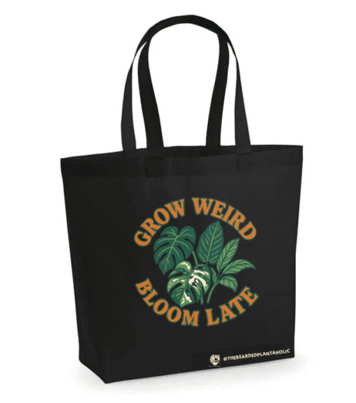 Black Tote Bag with Grow Weird Bloom Late Design