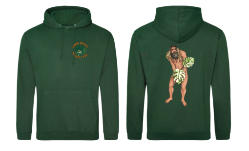 Forest Green Hoodie with Grow Weird design LHB and Jonny on Back Smaller