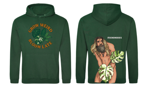 Forest Green Hoodie with Grow Weird design on front and Jonny on Back