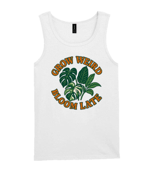 White Vest with Grow Weird Bloom Late Design on Front